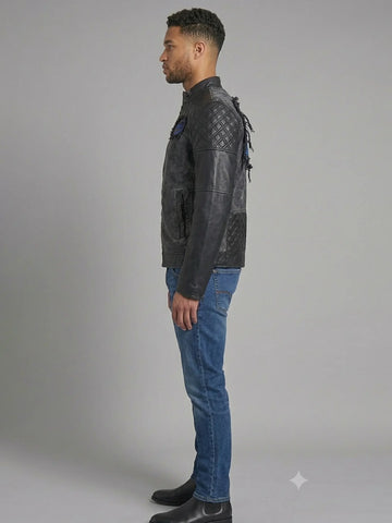 Men's Distressed Charcoal & Quilted Leather Moto Jacket
