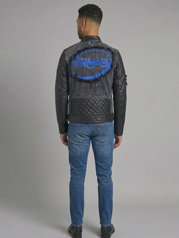 Men's Distressed Charcoal & Quilted Leather Moto Jacket