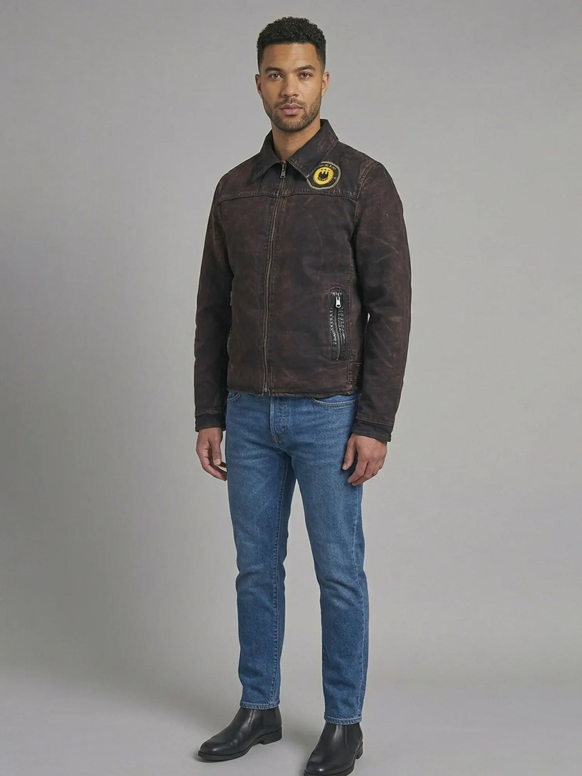 Men's Washed Espresso Utility Jacket with Leather Trim Pockets