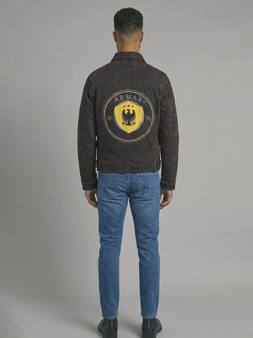 Men's Washed Espresso Utility Jacket with Leather Trim Pockets
