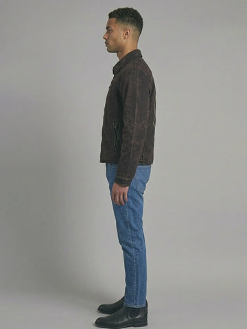 Men's Washed Espresso Utility Jacket with Leather Trim Pockets