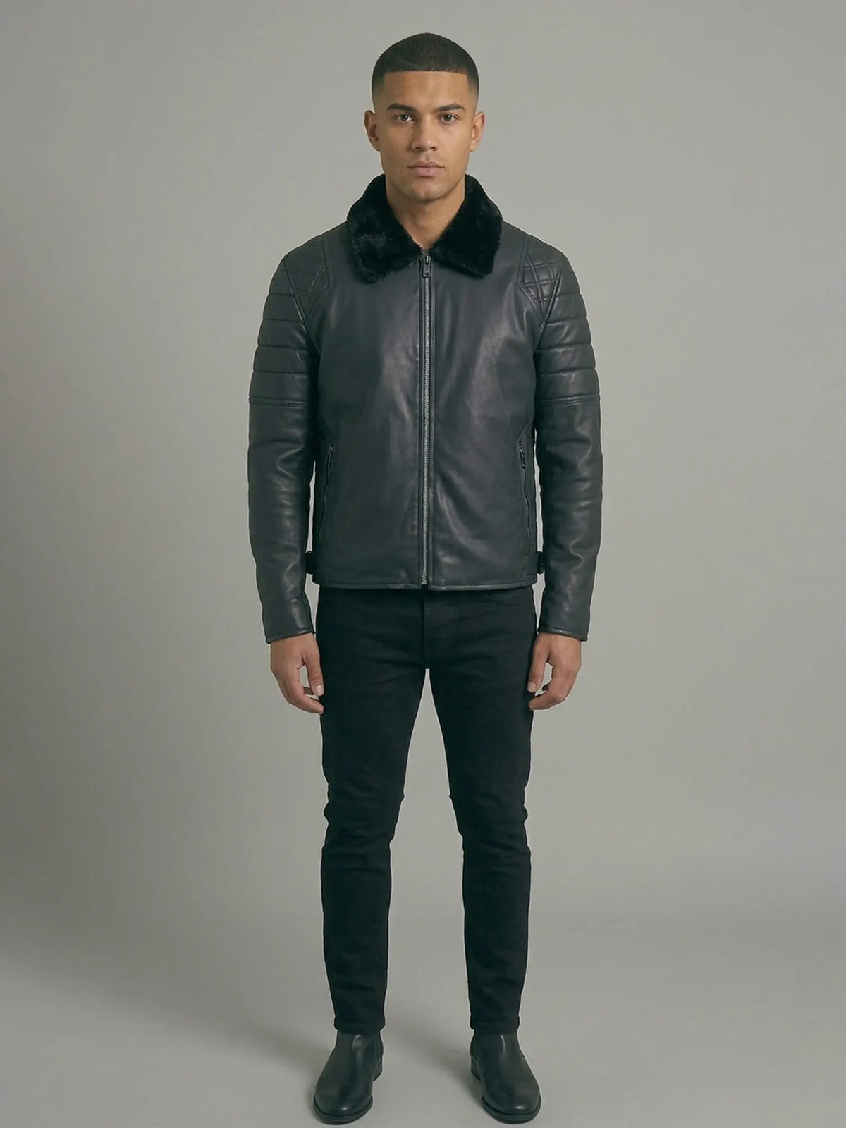 Men's Black Leather Jacket with Faux Shearling Fur Collar