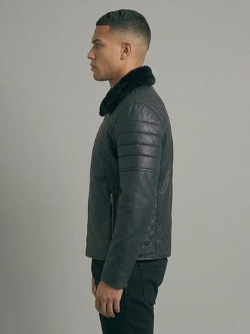 Men's Black Leather Jacket with Faux Shearling Fur Collar