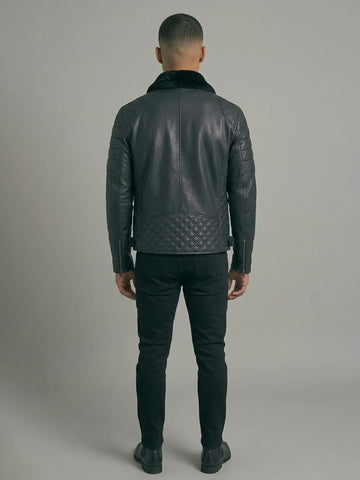 Men's Black Leather Jacket with Faux Shearling Fur Collar