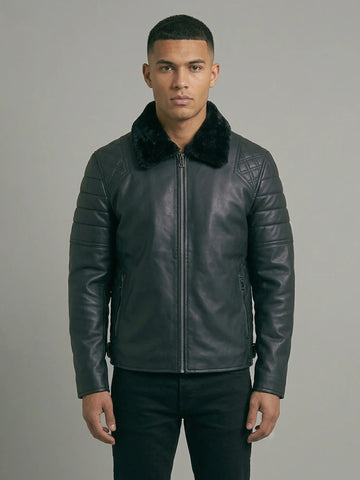 Men's Black Leather Jacket with Faux Shearling Fur Collar