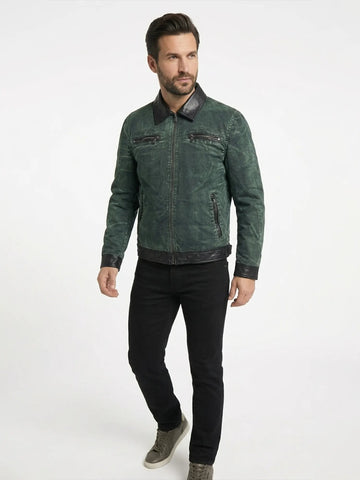 Men's Forest Green Distressed Jacket with Leather Trim