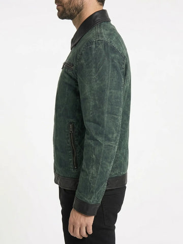 Men's Forest Green Distressed Jacket with Leather Trim