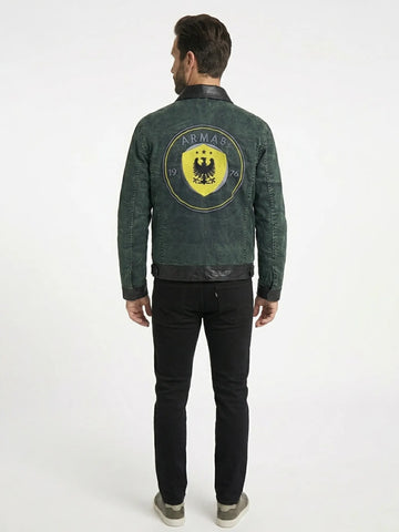 Men's Forest Green Distressed Jacket with Leather Trim