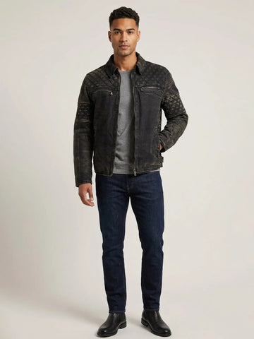 Men's Distressed Black Lattice Panel Jacket