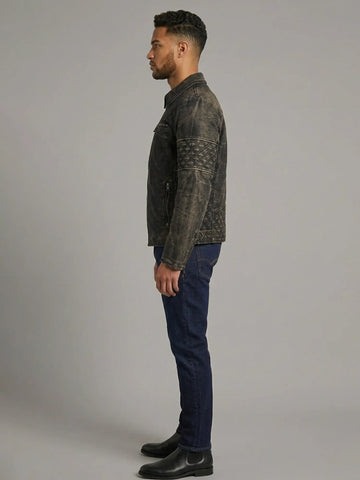 Men's Distressed Black Lattice Panel Jacket