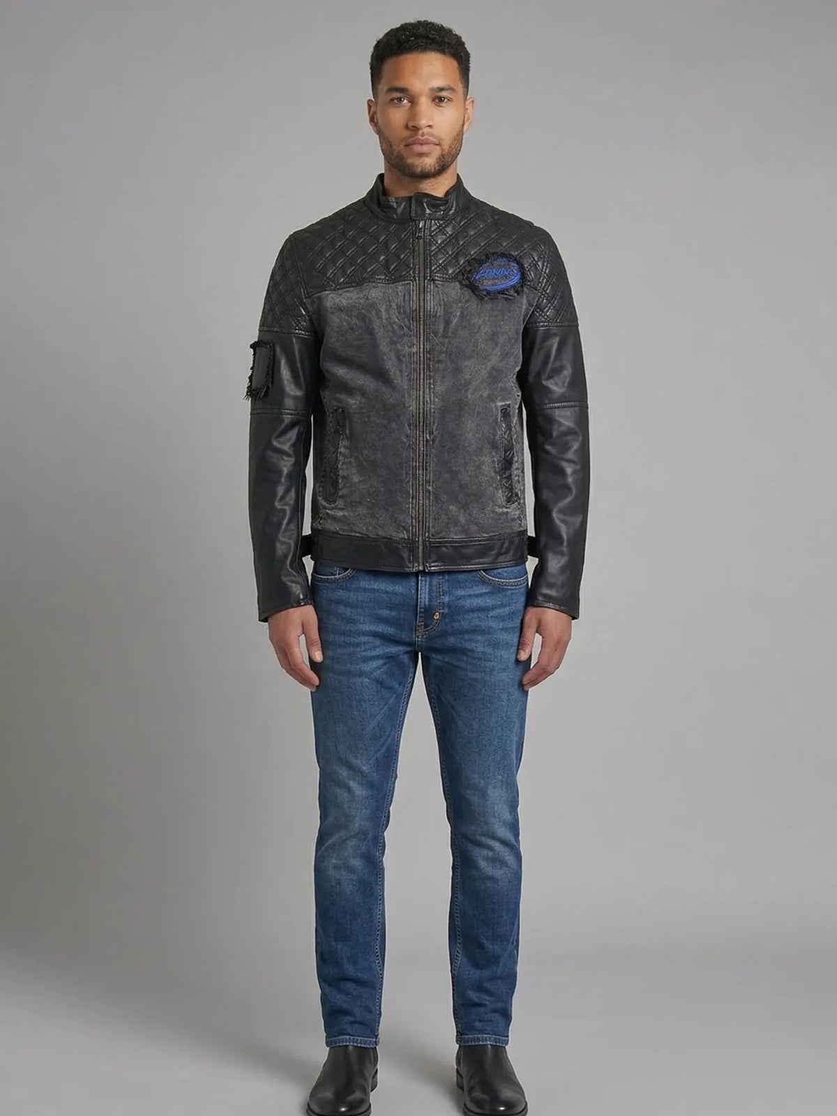 Men's Distressed Charcoal & Quilted Leather Moto Jacket
