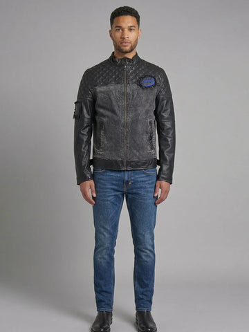 Men's Distressed Charcoal & Quilted Leather Moto Jacket