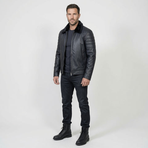 Men's Black Leather Bomber Jacket with Faux Fur Collar | Faux leather Jacket