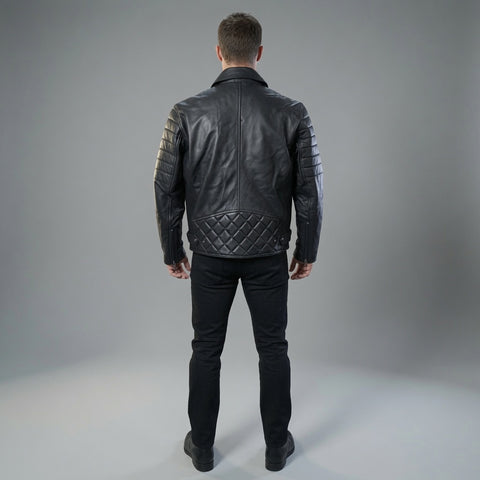 Men's Black Genuine Leather Quilted Shoulder Jacket | Classic Motorcycle Biker Zip-Up Coat