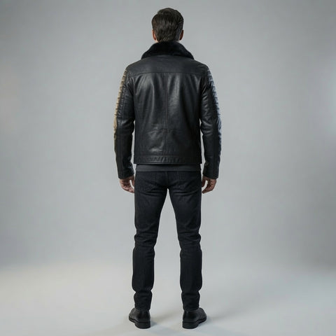 Men's Black Genuine Leather Jacket with Faux Fur Collar | Quilted Biker Motorcycle Winter Jacket