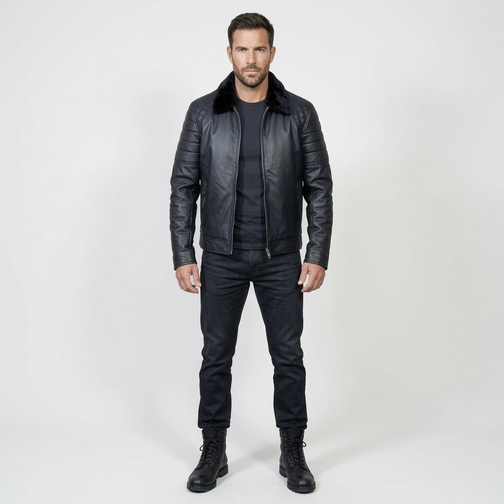 Men's Black Leather Bomber Jacket with Faux Fur Collar | Faux leather Jacket