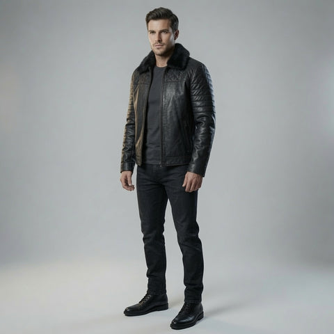 Men's Black Genuine Leather Jacket with Faux Fur Collar | Quilted Biker Motorcycle Winter Jacket