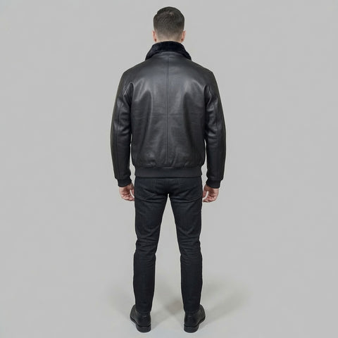 Men's Black Genuine Leather Bomber Jacket with Faux Fur Collar | Classic Winter Aviator Leather Jacket