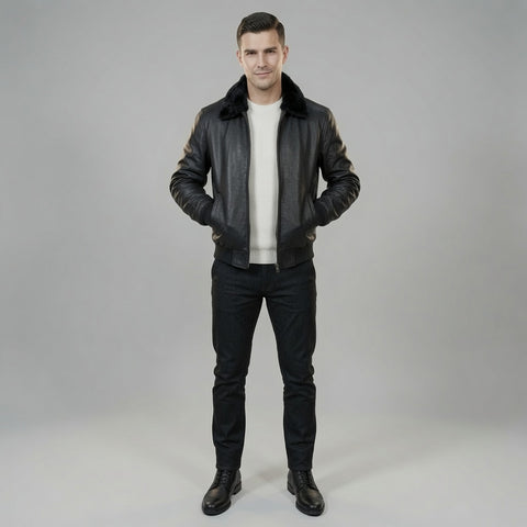 Men's Black Genuine Leather Bomber Jacket with Faux Fur Collar | Classic Winter Aviator Leather Jacket