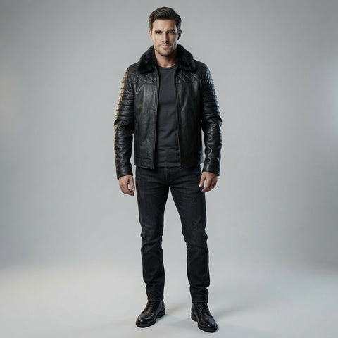Men's Black Genuine Leather Jacket with Faux Fur Collar | Quilted Biker Motorcycle Winter Jacket
