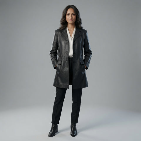Women's Black Leather Long Blazer Jacket | Elegant Genuine Leather Coat