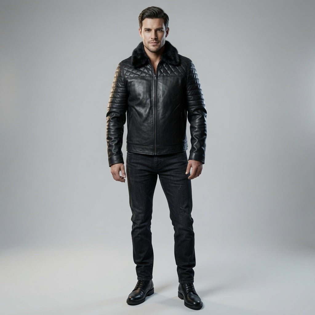 Men's Black Genuine Leather Jacket with Faux Fur Collar | Quilted Biker Motorcycle Winter Jacket