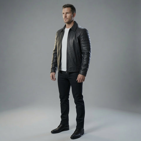 Men's Black Genuine Leather Quilted Shoulder Jacket | Classic Motorcycle Biker Zip-Up Coat