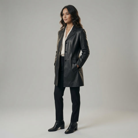 Women's Black Leather Long Blazer Jacket | Elegant Genuine Leather Coat