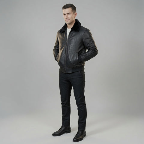Men's Black Genuine Leather Bomber Jacket with Faux Fur Collar | Classic Winter Aviator Leather Jacket