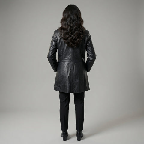 Women's Black Leather Long Blazer Jacket | Elegant Genuine Leather Coat
