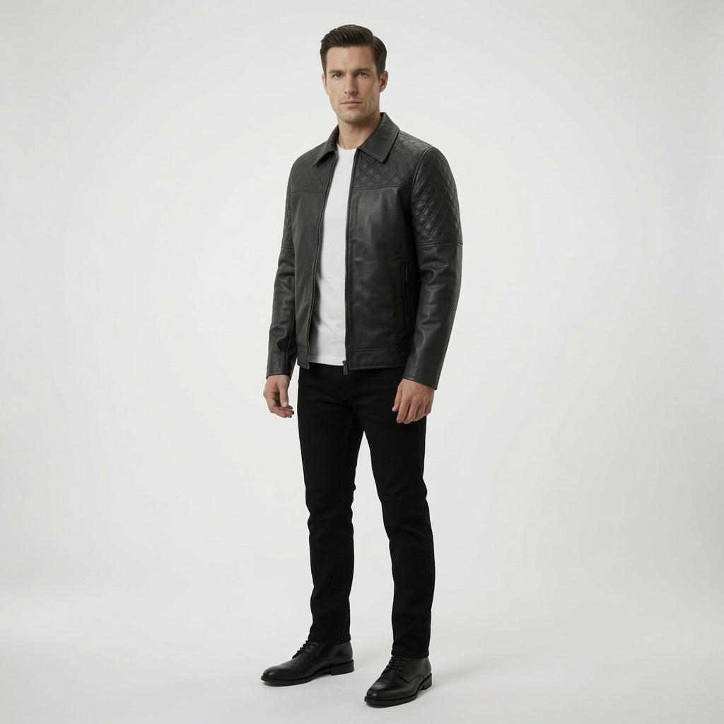Men's Black Quilted Leather Jacket | Premium Zip-Up Faux Leather Jacket