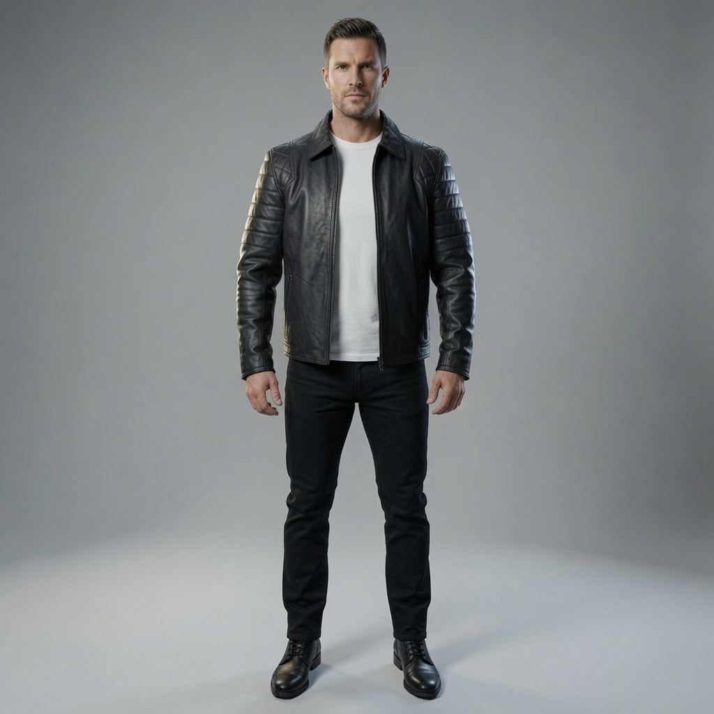 Men's Black Genuine Leather Quilted Shoulder Jacket | Classic Motorcycle Biker Zip-Up Coat