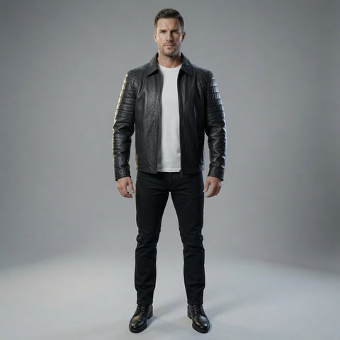 Men's Black Genuine Leather Quilted Shoulder Jacket | Classic Motorcycle Biker Zip-Up Coat