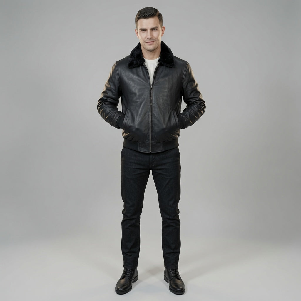 Men's Black Genuine Leather Bomber Jacket with Faux Fur Collar | Classic Winter Aviator Leather Jacket