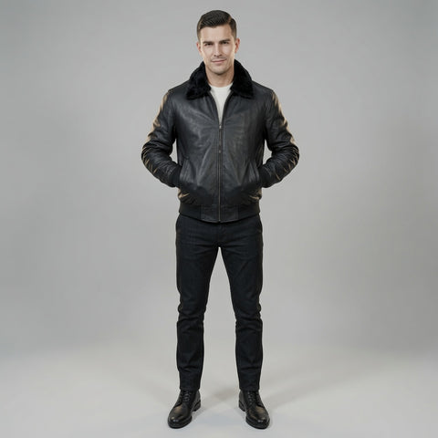 Men's Black Genuine Leather Bomber Jacket with Faux Fur Collar | Classic Winter Aviator Leather Jacket
